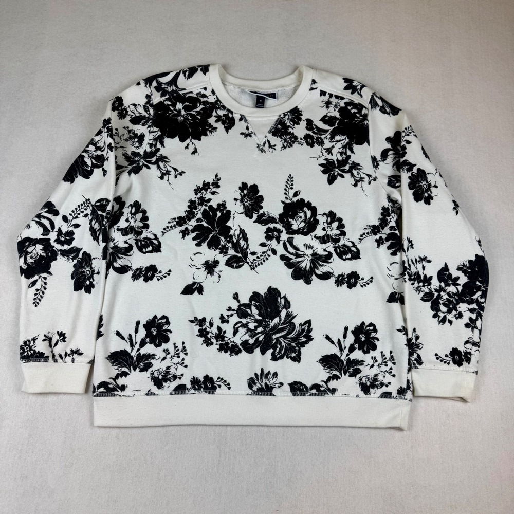 Karen Scott Sport Womens White Black Floral Crewneck Sweatshirt Medium